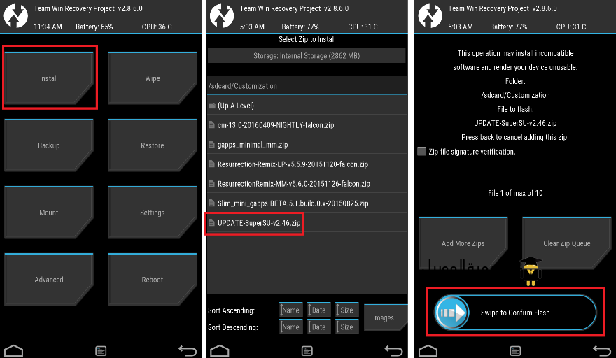 flash supersu via twrp screenshot